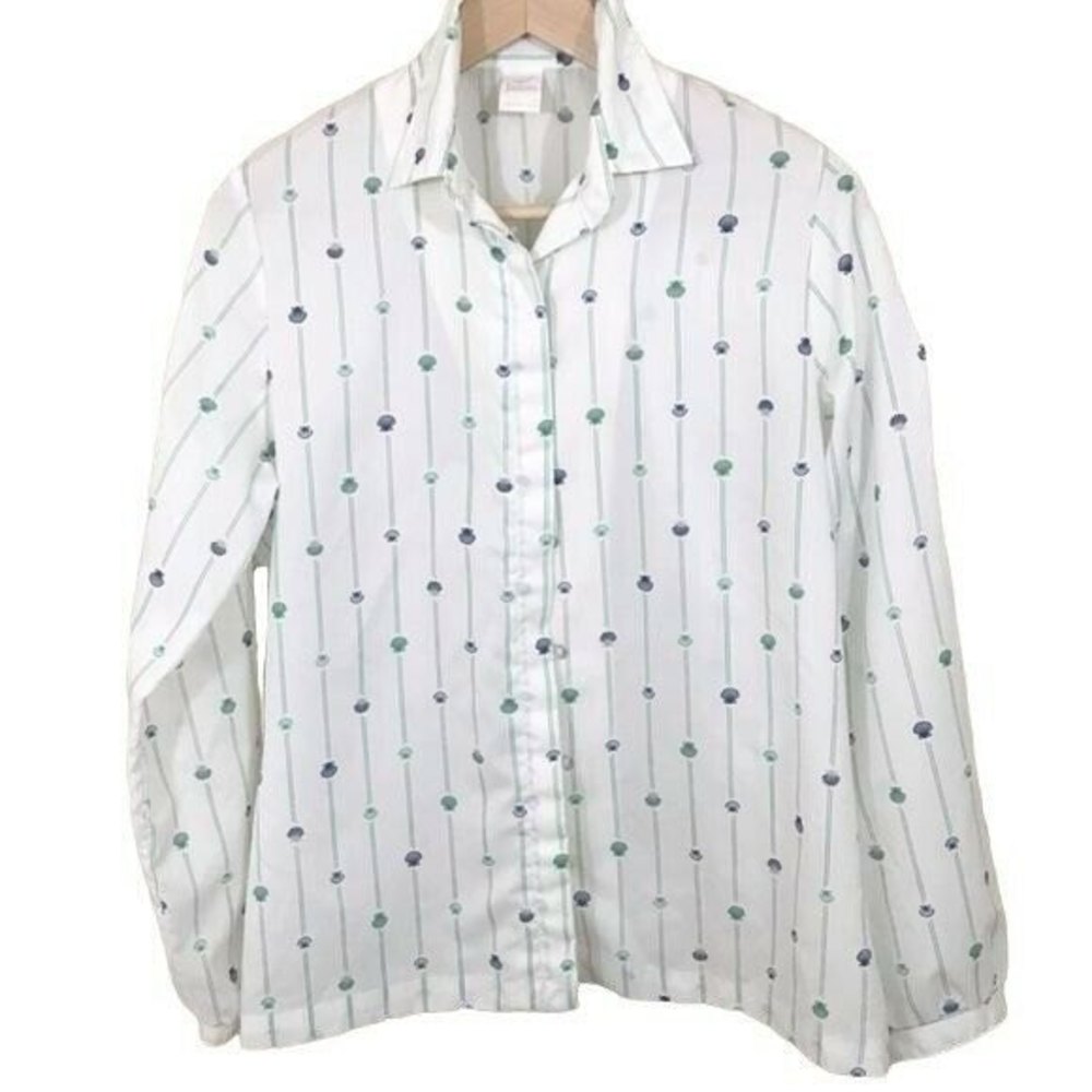 Vintage Jantzen Shirt Womens Medium White Button Up Shell Print Blouse Preppy